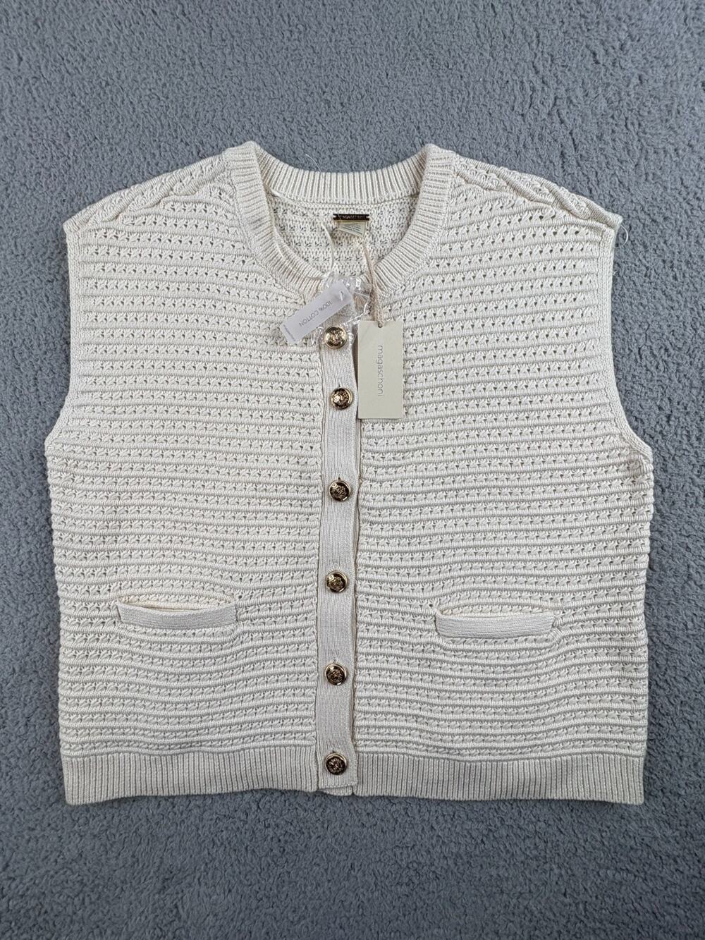 Magaschoni Cardigan Sweater Women's Medium Cream Cotton Knit Button Front